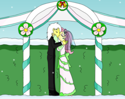 Size: 1003x797 | Tagged: safe, artist:flawlessvictory20, fluttershy, oc, oc:israel yabuki, equestria girls, g4, altar, canon x oc, clothes, dress, female, fluttersrael, kissing, love, male, marriage, romantic, shipping, snow, snowfall, straight, tuxedo, wedding, wedding dress