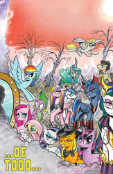 Size: 1040x1600 | Tagged: safe, artist:andypriceart, edit, idw, official comic, angel bunny, applejack, derpy hooves, doctor whooves, fluttershy, king sombra, pinkie pie, princess cadance, princess celestia, princess luna, queen chrysalis, rainbow dash, rarity, shining armor, spike, time turner, twilight sparkle, changeling, changeling queen, flutter pony, pegasus, pony, g4, reflections, spoiler:comic, spoiler:comic19, alternate universe, bright eyes (mirror universe), comic, cover, dark mirror universe, dystopia, equestria-3, evil cadance, evil celestia, evil counterpart, evil luna, evil sisters, female, fourth doctor, glasses, mane seven, mane six, mare, mirror universe, no logo, reversalis, spanish, textless edit, textless version, underp