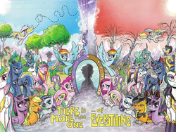 Size: 1976x1484 | Tagged: safe, artist:andypriceart, edit, angel bunny, applejack, derpy hooves, doctor whooves, fluttershy, king sombra, observer (g4), pinkie pie, princess cadance, princess celestia, princess luna, queen chrysalis, rainbow dash, rarity, shining armor, spike, time turner, twilight sparkle, alicorn, changeling, changeling queen, flutter pony, pony, g4, idw, reflections, spoiler:comic, alternate universe, andy you magnificent bastard, bright eyes (mirror universe), collage, comic, cover, dark mirror universe, duality, english, equestria-3, evil applejack, evil applejack (mirror universe), evil cadance, evil celestia, evil counterpart, evil fluttershy, evil fluttershy (mirror universe), evil luna, evil rainbow dash, evil rainbow dash (mirror universe), evil rarity, evil rarity (mirror universe), evil sisters, evil spike, evil twilight, evil twilight (mirror universe), female, fourth doctor, glasses, good king sombra, looking at you, mane seven, mane six, mare, mirror universe, multiverse, my little pony logo, no logo, one eye closed, pinkamena diane pie, pinkamena diane pie (mirror universe), reversalis, text edit, textless version, there is more than one of everything, twilight sparkle (alicorn), wall of tags, wink