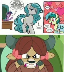 Size: 1105x1231 | Tagged: safe, artist:tonyfleecs, edit, idw, screencap, ocellus, sandbar, swift foot, twilight sparkle, yona, alicorn, changedling, changeling, earth pony, pony, thracian, yak, a matter of principals, g4, spoiler:comic, spoiler:comicfeatsoffriendship01, angry, bedroom eyes, bow, cloven hooves, female, hair bow, heart eyes, implied lesbian, implied yonabar, jealous, mare, monkey swings, ocellus likes mares, this will end in yak smash, twilight sparkle (alicorn), wingding eyes