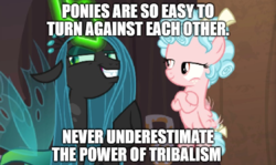 Size: 1120x669 | Tagged: safe, edit, edited screencap, screencap, cozy glow, queen chrysalis, changeling, changeling queen, pegasus, pony, g4, the summer sun setback, belly, caption, female, glowing horn, horn, image macro, impact font, meme, op was right, smiling, smirk, speculation, text, tribalism