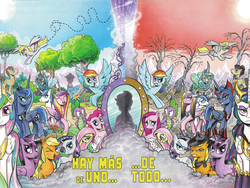 Size: 1976x1484 | Tagged: safe, artist:andypriceart, edit, idw, angel bunny, applejack, derpy hooves, doctor whooves, fluttershy, king sombra, observer (g4), pinkie pie, princess cadance, princess celestia, princess luna, queen chrysalis, rainbow dash, rarity, shining armor, spike, time turner, twilight sparkle, alicorn, changeling, changeling queen, flutter pony, pony, g4, reflections, spoiler:comic, alternate universe, andy you magnificent bastard, bright eyes (mirror universe), collage, comic, cover, dark mirror universe, duality, english, equestria-3, evil applejack, evil cadance, evil celestia, evil counterpart, evil fluttershy, evil luna, evil rainbow dash, evil rarity, evil sisters, evil spike, evil twilight, female, fourth doctor, glasses, good king sombra, looking at you, mane seven, mane six, mare, mirror universe, multiverse, my little pony logo, no logo, one eye closed, pinkamena diane pie, reversalis, spanish, text edit, textless version, there is more than one of everything, twilight sparkle (alicorn), wall of tags, wink