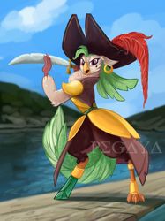 Size: 1280x1707 | Tagged: safe, artist:pegaya, captain celaeno, parrot pirates, anthro, g4, my little pony: the movie, amputee, beauty mark, cutlass, ear piercing, earring, female, fighting stance, hat, jewelry, obtrusive watermark, piercing, pirate, pirate hat, prosthetic limb, prosthetics, signature, solo, sword, watermark, weapon