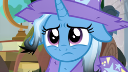 Size: 1920x1080 | Tagged: safe, screencap, trixie, pony, unicorn, a horse shoe-in, g4, about to cry, cape, clothes, cute, diatrixes, female, floppy ears, frown, hat, heartbreak, mare, messy mane, sad, sadorable, solo, trixie's cape, trixie's hat