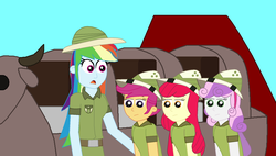 Size: 1773x1009 | Tagged: safe, artist:eli-j-brony, apple bloom, daring do, rainbow dash, scootaloo, sweetie belle, deer, equestria girls, g4, clothes, cutie mark crusaders, equestria land, explorer, explorer outfit, hat, pith helmet, ride, roller coaster, safari, volcano