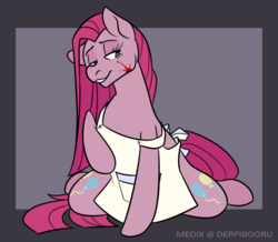 Size: 1628x1420 | Tagged: safe, artist:medix, derpibooru exclusive, pinkie pie, earth pony, pony, fanfic:cupcakes, g4, abstract background, apron, blood, both cutie marks, clothes, female, pinkamena diane pie, raised hoof, solo, spread legs, spreading