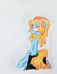 Size: 1102x1438 | Tagged: safe, artist:shoeunit, britneigh spears, earth pony, pony, g4, female, mare, sitting, solo, traditional art