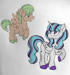 Size: 2345x2500 | Tagged: safe, artist:thr3eguess3s, oc, oc only, oc:phantomwise, oc:summer pine, alicorn, ghost, pegasus, pony, blank flank, colored hooves, colt, duo, female, filly, high res, magical lesbian spawn, male, offspring, parent:trixie, parent:twilight sparkle, parents:twixie, simple background, white background