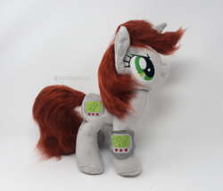 Size: 1500x1285 | Tagged: safe, artist:hipsterowlet, oc, oc only, oc:littlepip, pony, unicorn, fallout equestria, fanfic, fanfic art, female, hooves, horn, irl, mare, missing accessory, photo, pipbuck, plushie, smiling, solo