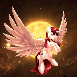 Size: 6176x6176 | Tagged: safe, artist:silver fox, oc, oc only, oc:fausticorn, alicorn, pony, absurd resolution, alicorn oc, eyes closed, female, flying, happy birthday lauren faust, horn, laughing, mare, solo, space, spread wings, sun, wings