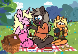 Size: 1300x900 | Tagged: safe, artist:threetwotwo32232, oc, oc only, oc:eureka, oc:parch well, oc:tangy tarts, pony, unicorn, female, food, mare, picnic