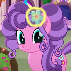 Size: 300x300 | Tagged: safe, screencap, petunia petals, earth pony, pony, g4, my little pony: rainbow roadtrip, cute, female, flower, flower in hair, implied sunny skies, looking at you, magic, mare, offscreen character, petalbetes, telekinesis