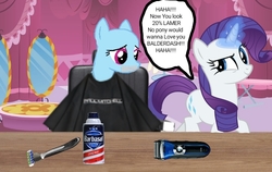 Size: 720x454 | Tagged: safe, edit, edited screencap, screencap, rainbow dash, rarity, pegasus, pony, unicorn, g4, 1000 hours in ms paint, bald, downvote bait, excessive exclamation marks, female, forced haircut, grin, haircut, laughing, magic, mare, razor, sad, shaved, shaved head, shaver, shaving cream, smiling, speech bubble, text