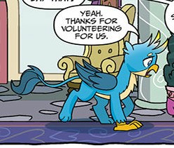 Size: 249x211 | Tagged: safe, artist:tonyfleecs, idw, official comic, gallus, griffon, g4, spoiler:comic, spoiler:comicfeatsoffriendship01, cropped, male, paws, running, solo, speech bubble, tail