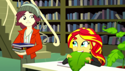 Size: 1280x720 | Tagged: safe, screencap, normal norman, sunset shimmer, human, epic fails, equestria girls, g4, my little pony equestria girls: summertime shorts, awkward moment, book, concerned, confused, cute, duo, eating, eye contact, female, frown, humans doing horse things, leaf, looking at each other, male, nom, shimmerbetes, smiling, sunset wants her old digestive system back