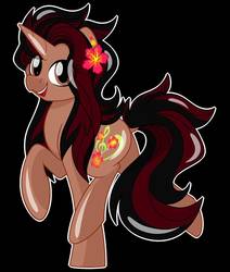 Size: 824x970 | Tagged: safe, artist:missbramblemele, oc, oc only, oc:bramble angel mele, pony, unicorn, black background, dock, female, flower, flower in hair, looking at you, mare, open mouth, simple background, smiling, solo, white outline