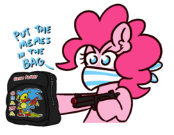 Size: 900x700 | Tagged: safe, artist:threetwotwo32232, pinkie pie, earth pony, pony, g4, backpack, bag, bandana, female, gun, male, mare, meme, robbery, simple background, solo, sonic the hedgehog, sonic the hedgehog (series), toy gun, transparent background, weapon