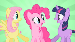 Size: 1280x720 | Tagged: safe, screencap, fluttershy, pinkie pie, twilight sparkle, earth pony, pegasus, pony, unicorn, g4, party of one, cute, happy, looking at each other, open mouth, sunburst background, unicorn twilight
