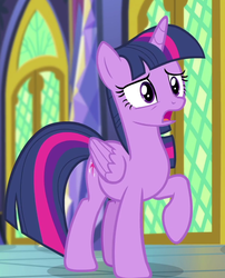 Size: 825x1023 | Tagged: safe, screencap, twilight sparkle, alicorn, pony, equestria girls, equestria girls specials, g4, my little pony equestria girls: better together, my little pony equestria girls: forgotten friendship, castle, confused, female, looking at you, mare, open mouth, raised hoof, solo, twilight sparkle (alicorn)