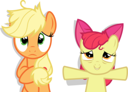Size: 7000x5076 | Tagged: safe, artist:twilirity, apple bloom, applejack, earth pony, pony, apple family reunion, g4, absurd resolution, apple bloom's bow, bow, duo, duo female, female, filly, foal, hair bow, hatless, mare, messy mane, missing accessory, simple background, transparent background, vector