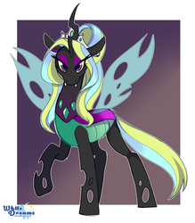 Size: 2443x2788 | Tagged: safe, artist:xwhitedreamsx, oc, oc only, oc:vedalia, changedling, changeling, changeling queen, changeling queen oc, female, high res, raised hoof, solo