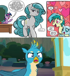 Size: 730x788 | Tagged: safe, artist:tony fleecs, edit, idw, screencap, gallus, ocellus, sandbar, swift foot, twilight sparkle, alicorn, changedling, changeling, earth pony, griffon, pony, thracian, feats of friendship #1, g4, my little pony: feats of friendship, uprooted, spoiler:comic, angry, bedroom eyes, female, heart eyes, implied lesbian, jealous, mare, obsession, ocellus likes mares, twilight sparkle (alicorn), wingding eyes