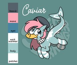 Size: 2560x2160 | Tagged: safe, artist:sugar morning, oc, oc only, oc:caviar, fish, original species, pony, shark pony, beanie, clothes, female, hat, high res, looking up, mare, neck warmer, pale belly, reference sheet, simple background, solo