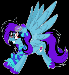 Size: 1920x2091 | Tagged: safe, artist:missbramblemele, oc, oc only, oc:crystal, pegasus, pony, black background, clothes, deviantart watermark, female, glasses, goggles, mare, obtrusive watermark, scarf, simple background, solo, watermark