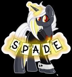 Size: 2302x2455 | Tagged: safe, artist:missbramblemele, oc, oc only, oc:spade, pony, unicorn, black background, bowtie, card, clothes, female, high res, magic, mare, simple background, solo, suit