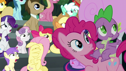 Size: 1280x720 | Tagged: safe, screencap, apple bloom, applejack, blue october, blueberry muffin, carrot top, doctor whooves, fluttershy, golden harvest, lily, lily valley, pinkie pie, rarity, spike, sweetie belle, time turner, twilight sparkle, alicorn, dragon, earth pony, pegasus, pony, unicorn, g4, newbie dash, bleachers, bow, bowtie, cotton candy, dragons riding ponies, female, filly, male, mare, riding, scared, stallion, twilight sparkle (alicorn), unnamed character