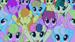 Size: 1280x720 | Tagged: safe, screencap, berry punch, berryshine, bluebonnet, bon bon, carrot top, daisy, flower wishes, golden harvest, linky, merry melody, shoeshine, strawberry sunrise, sweetie drops, earth pony, pony, g4, hearth's warming eve (episode), season 2, adaisable, adorable face, adorabon, berrybetes, blue bon, bronybait, cheering, clothes, coca melody, coconut melody, cute, cutie top, eyes closed, female, free hugs, grand galloping gala, happy, hearth's warming eve, hooves up, linkybetes, looking at you, mare, pink cola, purple rainbow, shorts, smiling, strawwberry sunrise, tree stump (character), yellow blueberry, yellow melody
