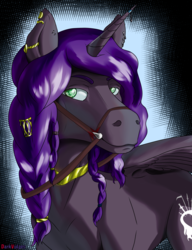 Size: 2400x3125 | Tagged: safe, artist:darkvulpes, oc, oc only, oc:cognitio dissonantia, alicorn, pony, braid, bridle, female, gold, green eyes, high res, horn, jewelry, mare, simple background, smiling, smirk, solo, tack, wings