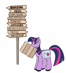 Size: 899x1000 | Tagged: safe, artist:redquoz, twilight sparkle, pony, unicorn, g4, atg 2019, confused, crossover, female, lost, m*a*s*h, map, mare, newbie artist training grounds, road sign, saddle bag, simple background, solo, unicorn twilight, white background