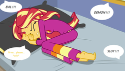 Size: 1280x720 | Tagged: safe, edit, edited screencap, screencap, sunset shimmer, equestria girls, g4, my little pony equestria girls: choose your own ending, wake up!, abuse, background pony strikes again, bully, bullying, clothes, comic sans, feet, offscreen character, op is a duck, pajamas, sad, shimmerbuse, this ended in tears, verbal abuse