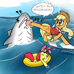 Size: 1700x1700 | Tagged: safe, artist:majupaju, apple bloom, applejack, earth pony, pony, shark, g4, clothes, female, filly, kicking, mare, vacation, water, x eyes