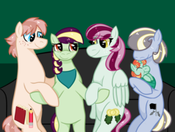 Size: 1032x774 | Tagged: safe, artist:chroniqlo, artist:kindheart525, oc, oc:bel canto, oc:cursive quill, oc:falsetto fallout, oc:holly-hay carol, oc:pristine melody, earth pony, pegasus, pony, unicorn, kindverse, baby, baby pony, female, husband and wife, magical lesbian spawn, male, mother and daughter, offspring, offspring's offspring, parent:applejack, parent:coco pommel, parent:coloratura, parent:oc:cursive quill, parent:oc:pristine melody, parent:oc:turquoise edge, parent:trenderhoof, parents:oc x oc, parents:rarajack, parents:trenderpommel