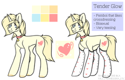 Size: 1700x1087 | Tagged: safe, artist:maximkoshe4ka, oc, oc only, oc:tender glow, pony, unicorn, bell, bell collar, clothes, collar, femboy, heart, male, reference sheet, simple background, socks, solo, stallion, stockings, thigh highs, watermark, white background