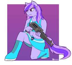 Size: 1440x1287 | Tagged: safe, artist:catkitte, oc, oc only, oc:aegis shield, anthro, clothes, commission, female, gun, mare, shotgun, solo, spas-12, weapon