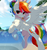 Size: 900x950 | Tagged: dead source, safe, artist:heddopen, rainbow dash, pegasus, pony, g4, alternate hairstyle, ball, beach, beach ball, chest fluff, cute, dappled sunlight, female, food, hair bun, ice cream, looking at you, mare, solo, sweat, wings