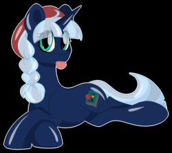 Size: 1817x1612 | Tagged: safe, artist:thehaywaiianhorse, oc, oc only, oc:active input, pony, unicorn, black background, female, hat, mare, prone, simple background, solo, tongue out