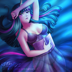 Size: 900x900 | Tagged: safe, artist:kgfantasy, twilight sparkle, human, g4, armpits, bedroom eyes, belly button, book, breasts, busty twilight sparkle, clothes, female, horn, horned humanization, humanized, lingerie, nightgown, panties, see-through, solo, stupid sexy twilight, tailed humanization, underwear