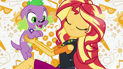 Size: 1920x1080 | Tagged: safe, screencap, spike, spike the regular dog, sunset shimmer, dog, equestria girls, equestria girls series, g4, clothes, eyes closed, female, geode of empathy, holding a dog, jacket, leather jacket, magical geodes, male, paws, ponied up, smiling, spike's dog collar, theme song