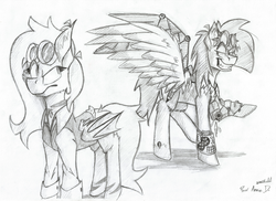 Size: 4000x2908 | Tagged: safe, artist:adilord, oc, oc:annie dreamer, oc:think drizzle, bat pony, pegasus, pony, amputee, artificial wings, augmented, aviator goggles, duo, female, male, mare, mechanical, mechanical wing, monochrome, prosthetic limb, prosthetic wing, prosthetics, stallion, steampunk, traditional art, wings