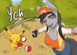 Size: 1344x960 | Tagged: safe, artist:mintjuice, pikachu, anthro, advertisement, blinking, brush, clothes, commission, female, looking at you, mare, pokémon, selfie, smiling, victory sign, your character here