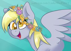 Size: 1024x732 | Tagged: safe, artist:cadetredshirt, derpy hooves, pegasus, pony, g4, bust, colored pupils, cute, derp, derpabetes, female, floral head wreath, flower, flower in hair, flying, gradient background, happy, open mouth, patreon, patreon logo, simple background, smiling, solo