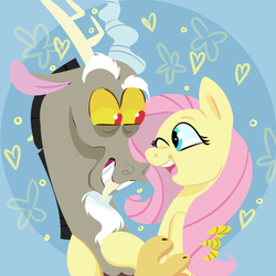 Size: 1000x1000 | Tagged: dead source, safe, artist:corgitheborki, discord, fluttershy, draconequus, pegasus, pony, g4, beard, bust, cuddling, eye contact, facial hair, female, heart, hooves, horns, hug, looking at each other, male, mare, one eye closed, open mouth, ship:discoshy, shipping, smiling, straight, wings