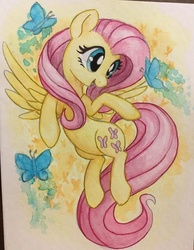 Size: 714x921 | Tagged: safe, artist:astevenamedwolf, fluttershy, butterfly, pegasus, pony, g4, female, looking at something, mare, open mouth, smiling, solo, spread wings, traditional art, turned head, watercolor painting, wings