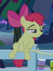Size: 591x794 | Tagged: safe, screencap, apple bloom, earth pony, pony, g4, going to seed, bow, cropped, female, fence, filly, foal, grin, hair bow, lidded eyes, raised eyebrow, rope, sitting, smiling, smirk, smug, solo