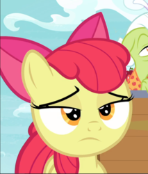 Size: 704x826 | Tagged: safe, screencap, apple bloom, granny smith, earth pony, pony, g4, going to seed, apple bloom is not amused, bow, close-up, cropped, female, filly, frown, hair bow, looking at you, offscreen character, solo focus, unamused