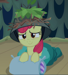 Size: 857x940 | Tagged: safe, screencap, apple bloom, earth pony, pony, g4, going to seed, adorabloom, cropped, cute, female, filly, hat, pillow, sleeping bag, smiling, solo